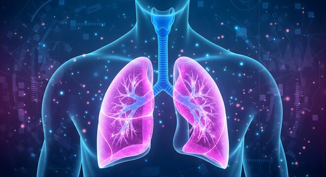 Digital illustration of human respiratory system with glowing pink lungs trachea and bronchial tree on dark blue gradient background featuring abstract particles and geometric shapes highlighting anat