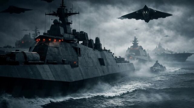 Modern naval fleet sailing through rough stormy seas under dark clouds. Panning shot of warships and stealth aircraft.