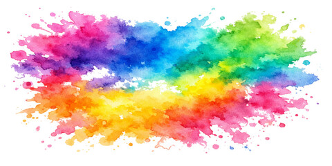 An abstract colorful watercolor painting features a rainbow splash design with grunge texture and ink splatters on paper to create an artistic pattern for a vibrant wallpaper illustration