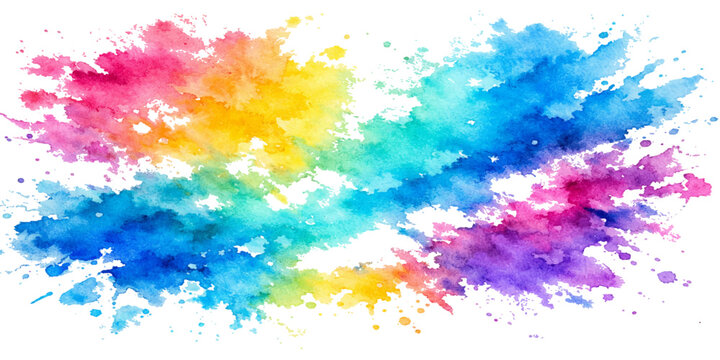 An artistic abstract watercolor background featuring a colorful paint splash and grunge ink texture on paper with a rainbow brush stroke design and vector splatter element