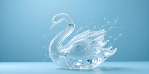 Elegant transparent swan sculpture with modern network connections on blue background