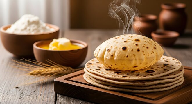 Fluffy indian flatbread chapati steaming hot served with butter in wooden bowl fresh flour and wheat ears on rustic table traditional indian cuisine and cooking