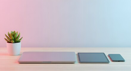 Modern workspace with laptop tablet and smartphone on wooden desk