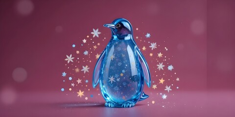 Stunning blue glass penguin figurine with colorful starry sparkles