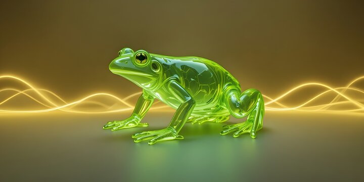 Stunning green glass frog with neon light waves background