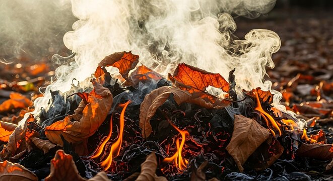 Autumn leaf burning outdoors in a garden, creating smoke and flames