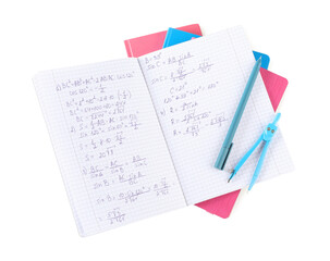 Fototapeta premium Homework. Notebook with math formulas and different stationery isolated on white, top view