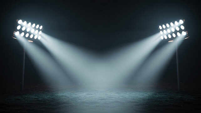 Powerful stadium spotlights illuminate a dark empty sports arena floor with dramatic beams of light creating an atmosphere of anticipation and excitement for a major event