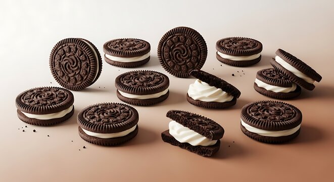 A collection of oreo cookies on a plain surface