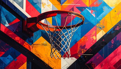 Basketball hoop against a vibrant, colorful graffiti wall background.