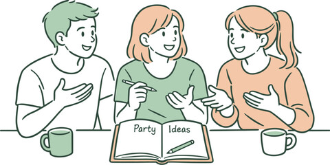 Friendly Party Planning. Friends casually discussing party ideas, seated side by side with a notebook between them and calm