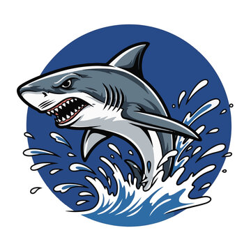 Fierce shark jumping out of water with open mouth and sharp teeth