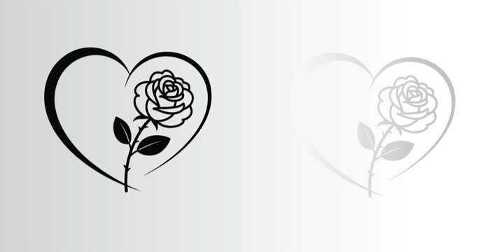 Rose flower in heart shape line art romantic love illustration