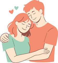 Romantic partners celebrating their bond, gentle smiles and relaxed poses conveying affection and appreciation, minimalist flat