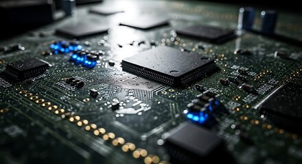 Fototapeta premium Close-up view of a complex electronic circuit board with illuminated microchips, showcasing intricate technology and advanced engineering in a detailed macro shot