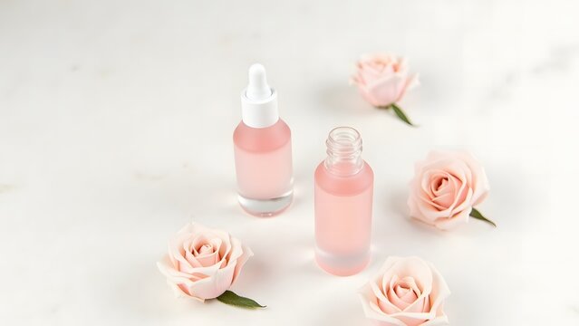 Elegant arrangement of pink roses and cosmetic bottles on a marble surface