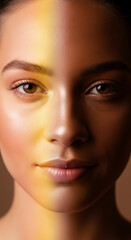 Fototapeta premium Duality of Beauty: Woman's Face in Dramatic Light and Shadow