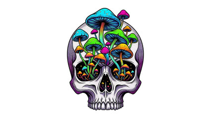 Colorful mushrooms growing from skull isolated on a transparent background