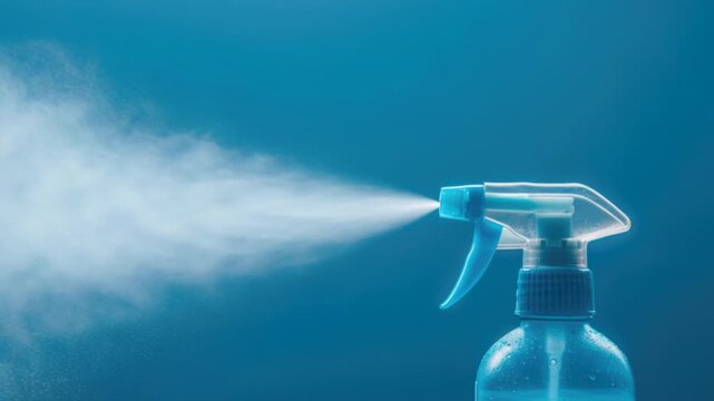 Video A blue spray bottle with a white spray nozzle, used for various household and cleaning purposes