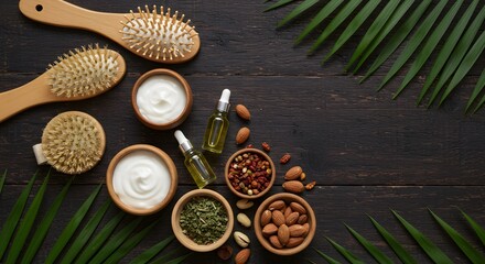 Natural hair and skin care products arranged with tropical leaves on dark wood