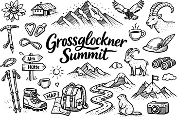 Obraz premium Iconic Grossglockner summit hand drawn doodle elements set, center hand-lettered title, black & white vector line art, bold clean