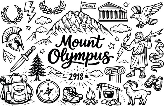 Mount Olympus Doodle. Iconic Mount Olympus summit hand drawn doodle elements set, center hand-lettered title, black & white vector