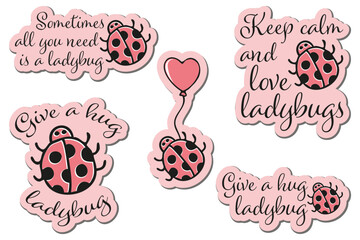 Fun cute and cheerful stickers with ladybug with a heart-shaped balloon. Hand drawing doodles. Children's drawing style