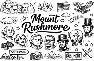 Fototapeta premium Iconic Mount Rushmore monument hand drawn doodle elements set, center hand-lettered title, black & white vector line art, bold