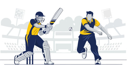 Illustration of two cricket players in action on a field with stadium seating in the background, wearing yellow and blue uniforms.