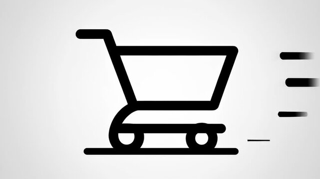 Fast moving linear shopping cart icon animation with speed lines on white background, illustrating rapid e-commerce delivery concepts.
