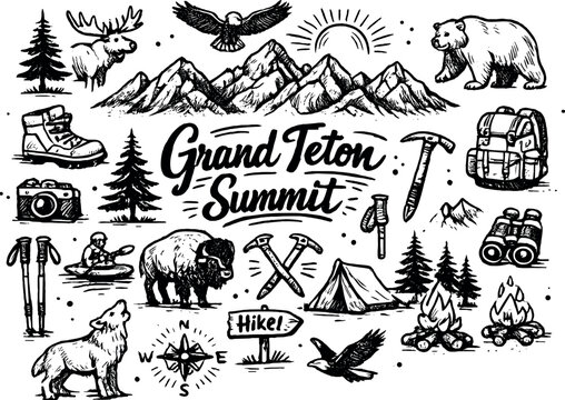 Iconic Grand Teton summit hand drawn doodle elements set, center hand-lettered title, black & white vector line art, bold clean