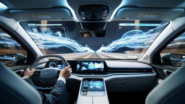 Passenger-perspective video in a sleek futuristic vehicle. Gender-neutral hands interact with haptic controls; HUD projects electric blue, white abstract data. Blurred light trails outside. Concept