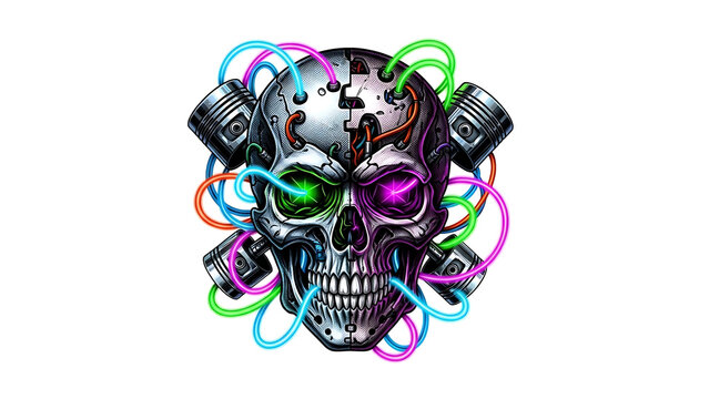 Neon biomechanical skull with pistons and wires isolated on a transparent background