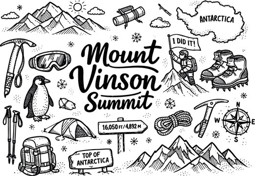 Iconic Mount Vinson summit hand drawn doodle elements set, center hand-lettered title, black & white vector line art, bold clean