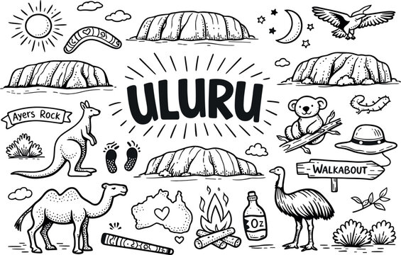 Uluru Doodle Art. Iconic Uluru sandstone formation hand drawn doodle elements set, center hand-lettered title, black & white