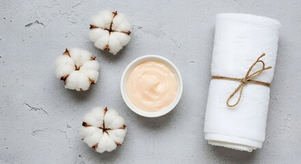 A serene flat lay featuring cotton a creamy lotion and a neatly rolled towel