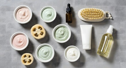 An assortment of natural skincare products displayed on a neutral gray surface
