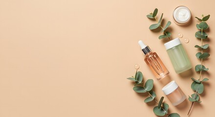 Aesthetic arrangement of skincare products eucalyptus leaves and a candle on a beige background