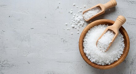 Wooden scoops and bowls filled with coarse salt on a gray surface