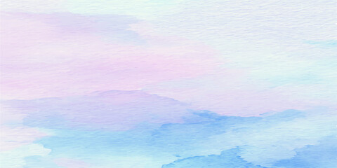 Hand painted abstract watercolor landscape featuring a beautiful blue sky with white clouds over a summer sea horizon under a bright heaven light © Jui