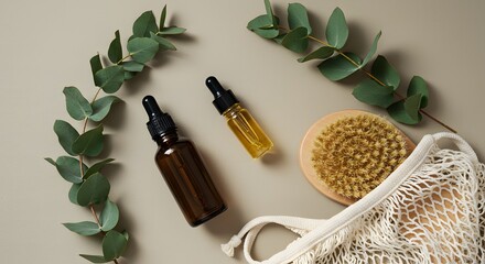 Natural skincare products with eucalyptus leaves on a neutral beige background