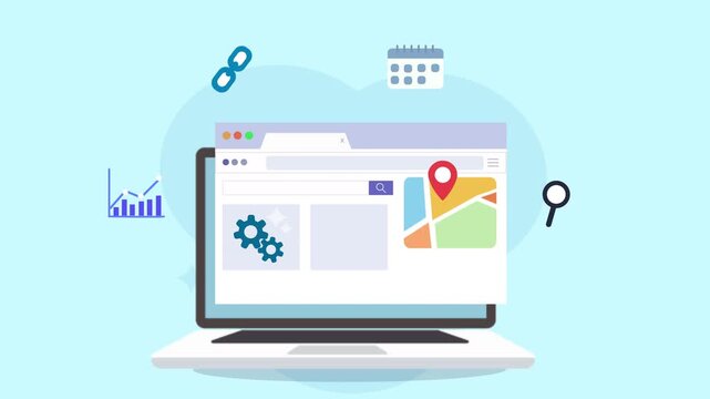 Laptop displaying website with map and analytics for digital marketing strategy.