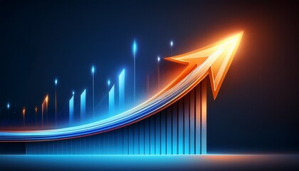 a curved arrow graph business growth pointing to the top right made of blue and orange color motion lights dark blue background
