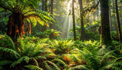 Obraz premium Sunlit Ferns and Trees in a Lush Green Forest.