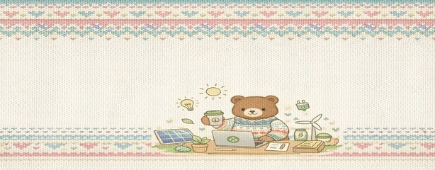 Conscious Capitalism Movement, Cozy illustration of a cute bear working with a laptop surrounded by green energy and sustainability icons on a knitted sweater background.