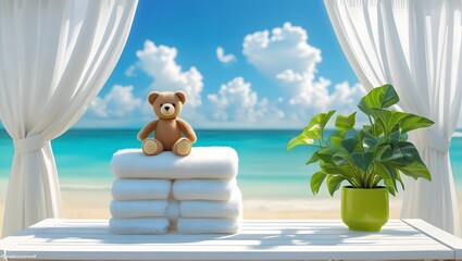 A tranquil beach scene framed by curtains with a teddy bear and plants