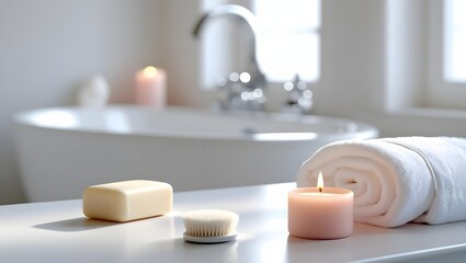 A serene bathroom scene featuring a bathtub candles and fresh towels for relaxation