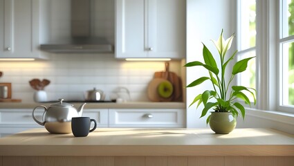 Bright and airy kitchen scene featuring a plant on the windowsill and tea set