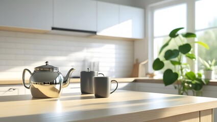 A bright and modern kitchen interior featuring a teapot cups and a window view