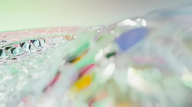 Iridescent liquid surface with a spherical bulge against a gradient background